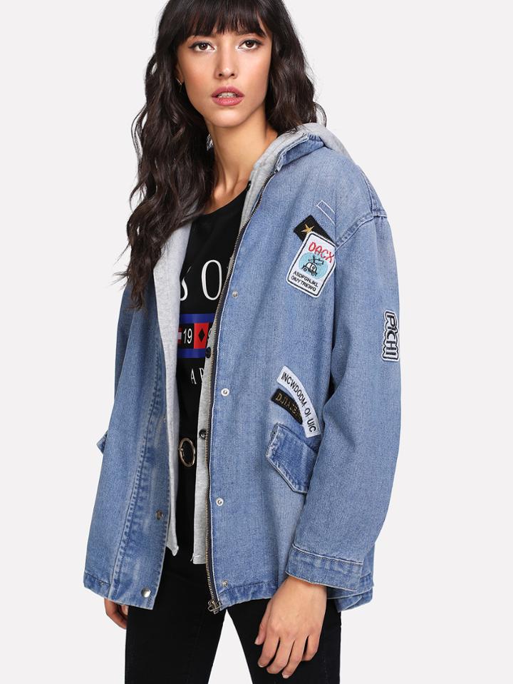 Romwe Drop Shoulder Drawstring Denim Jacket With Hooded Vest