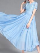 Romwe Blue V Neck Embroidered Maxi Dress