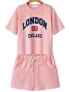 Romwe Letter Print T-shirt With Drawstring Shorts - Pink