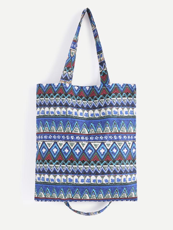 Romwe Blue Tribal Print Double Layer Tote Bag With Convertible Strap