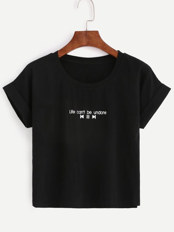 Romwe Black Letters Print Cuffed Sleeve T-shirt