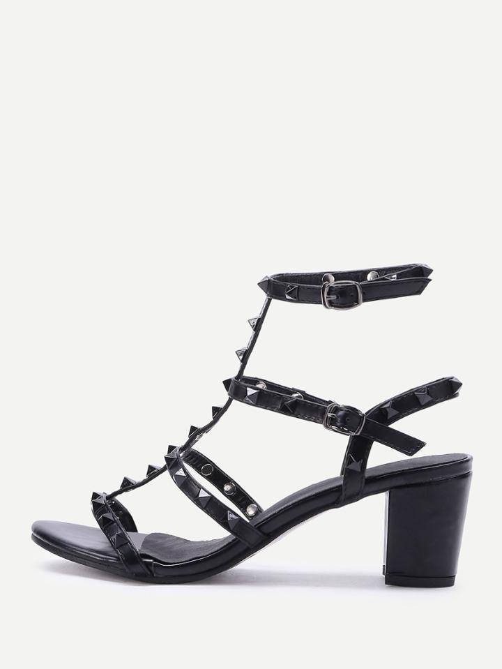Romwe Rockstud Embellished Block Heeled Sandals
