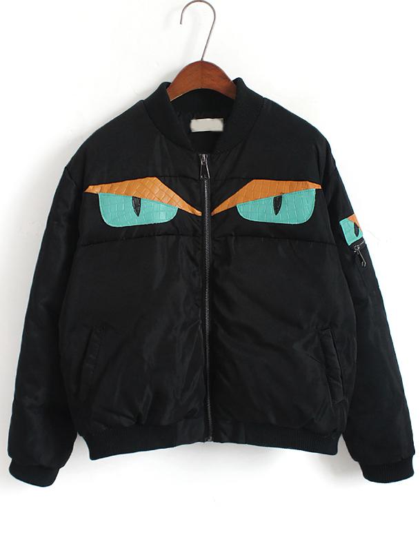 Romwe Monster Pattern Zipper Black Jacket