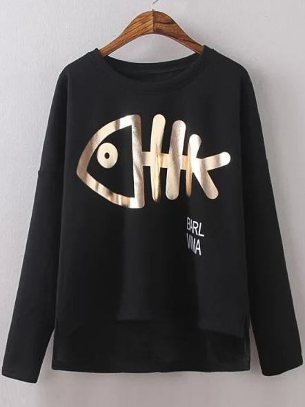 Romwe High Low Fishbone Print Thicken Black T-shirt
