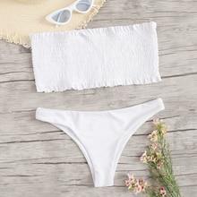 Romwe Smocked Bandeau With Cheeky Bikini Set
