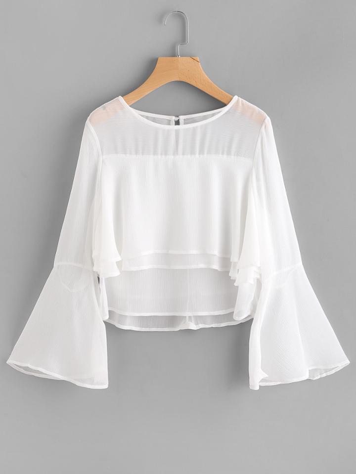 Romwe Fluted Sleeve Dip Hem Layered Chiffon Blouse