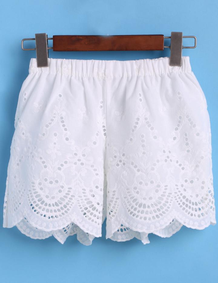 Romwe Elastic Waist Embroidered Hollow  Shorts