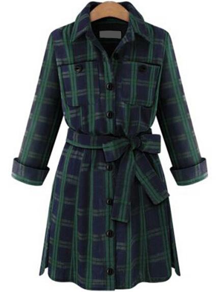 Romwe Women Green Plaid Belted Shirt Dress