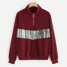 Romwe Contrast Sequin Quarter Zip Sweatshirt