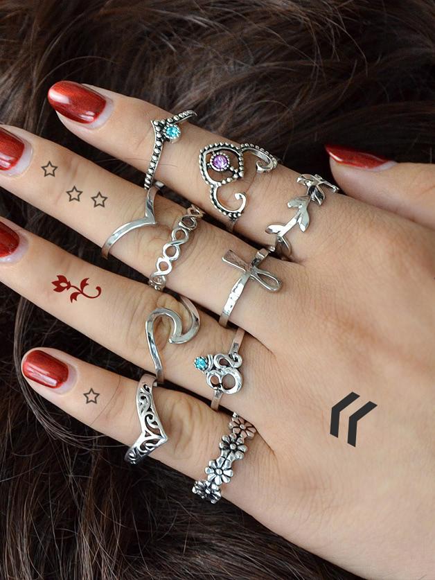 Romwe 10 Pcs/set Flower Leaf  Rhinestone Rings