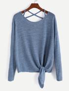 Romwe Blue Drop Shoulder Criss Cross Tie Front T-shirt