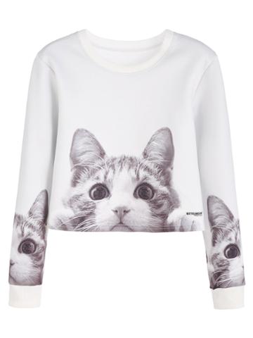 Romwe White Cats Print Crop Sweatshirt