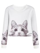 Romwe White Cats Print Crop Sweatshirt