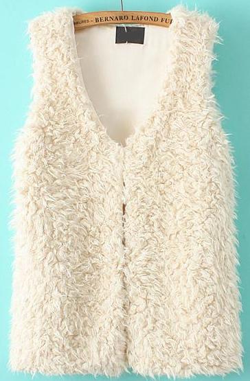 Romwe V Neck Sleeveless Faux Fur Beige Vest