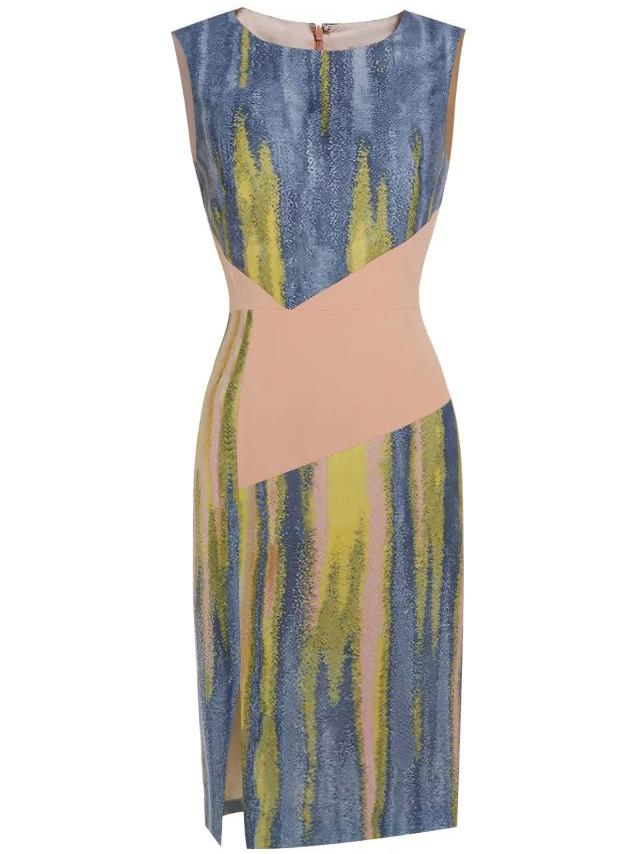 Romwe Apricot Crew Neck Print Split Sheath Dress