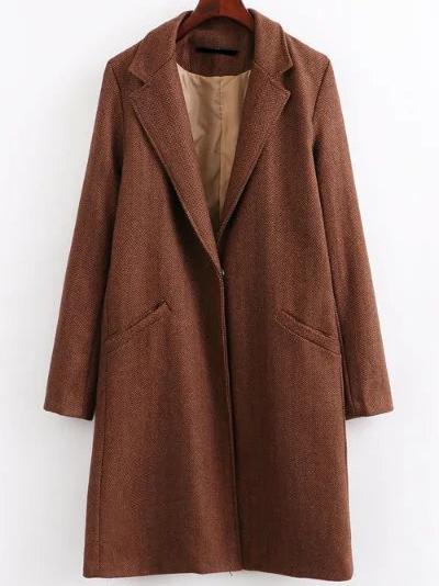 Romwe Camel Lapel Hidden Button Long Coat