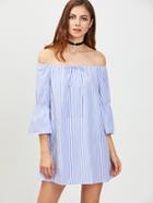 Romwe Blue Vertical Striped Off The Shoulder Tie Front Dress