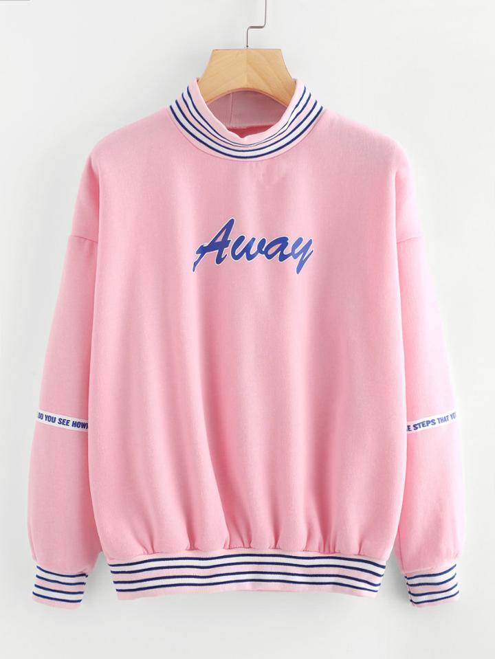 Romwe Slogan Print Contrast Striped Trim Sweatshirt