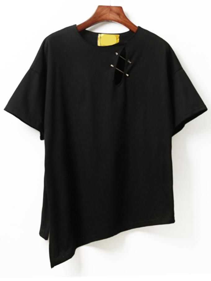 Romwe Cutout Neck Side Slit Asymmetric T-shirt - Black