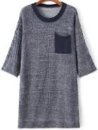 Romwe Round Neck Pocket Blue Sweater Dress