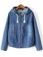 Romwe Blue Zipper Up Drawstring Hooded Jacket With Pocket