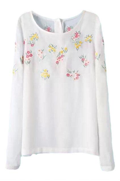 Romwe Embroidered Buttoned White Blouse