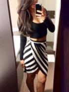 Romwe Long Sleeve Crop Top With Striped Asymmetrical Skirt