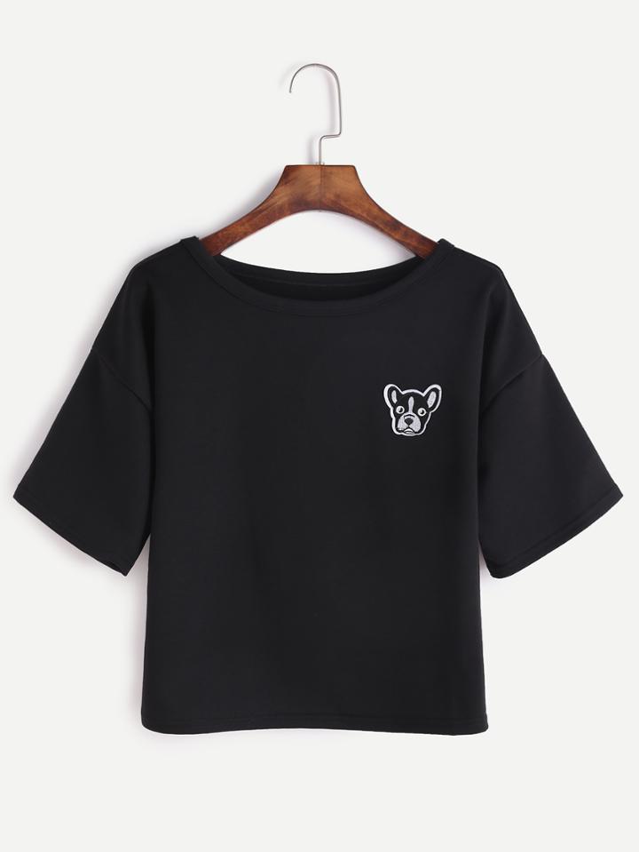 Romwe Black Cartoon Patch T-shirt