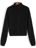 Romwe High Neck Cable Knit Crop Black Sweater