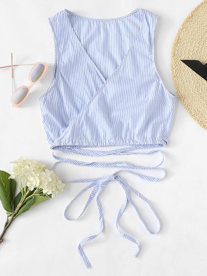 Romwe V Neckline Striped Knot Top
