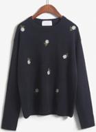 Romwe Embroidered Knit Loose Blue Sweater