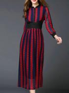 Romwe Navy Red Color Block Striped Midi Lace Dress