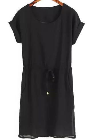 Romwe Short Sleeve Cuffed Black Dress