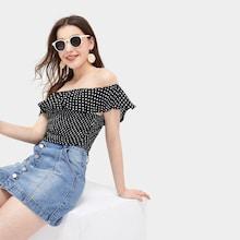 Romwe Polka Dot Ruffle Trim Off The Shoulder Blouse