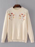 Romwe Bird Embroidery Ribbed Trim High Low Sweater