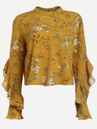 Romwe Botanical Print Frill Trim Keyhole Back Top