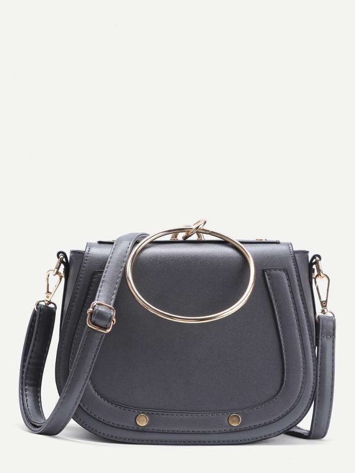 Romwe Grey Faux Leather Metal Ring Flap Shoulder Bag