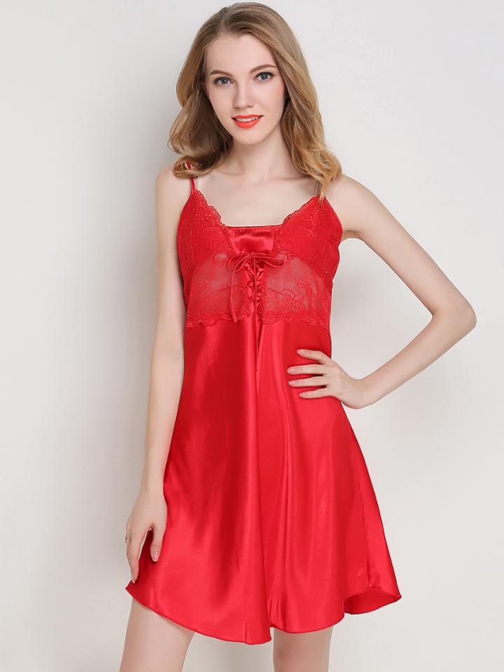 Romwe Lace Overlay Lace Up Satin Cami Dress