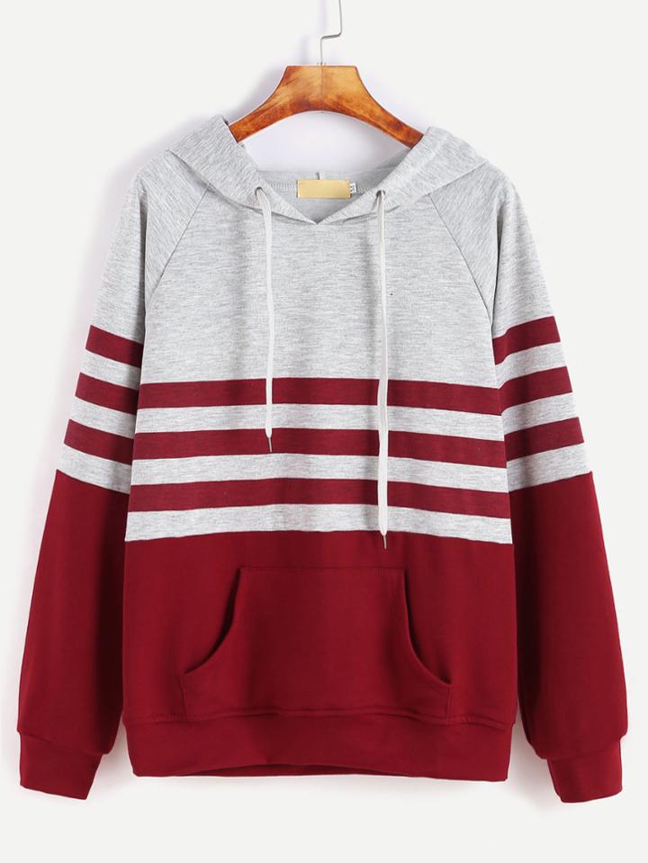 Romwe Contrast Striped Raglan Sleeve Drawstring Hooded Pocket Sweatshirt
