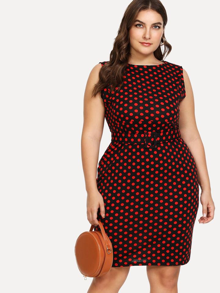 Romwe Polka Dot Print Belted Dress