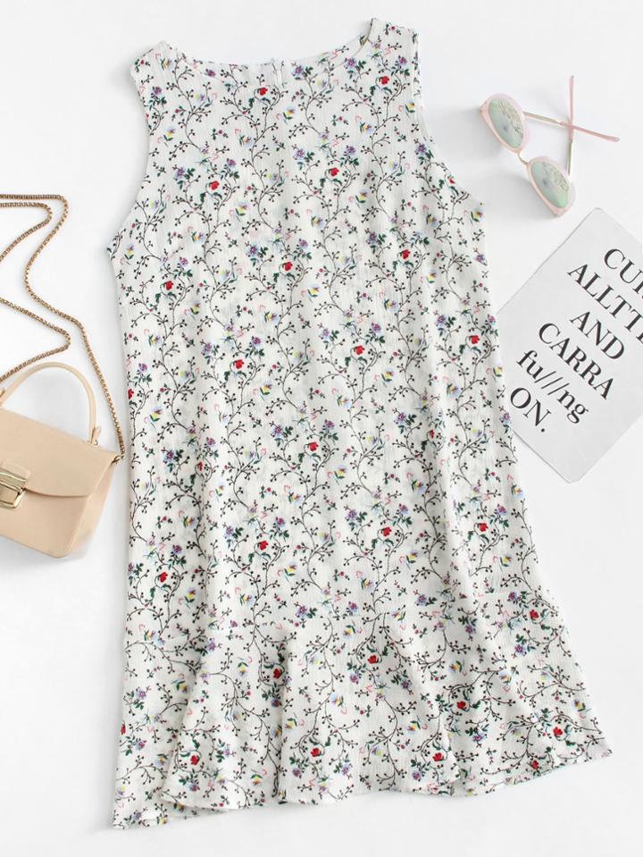 Romwe Calico Print Ruffle Hem Zip Up Back Dress