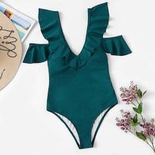 Romwe Ruffle Tie Back Plunge One Piece Swimwear