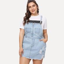 Romwe Plus Zip Front Ripped Overall Denim Dress