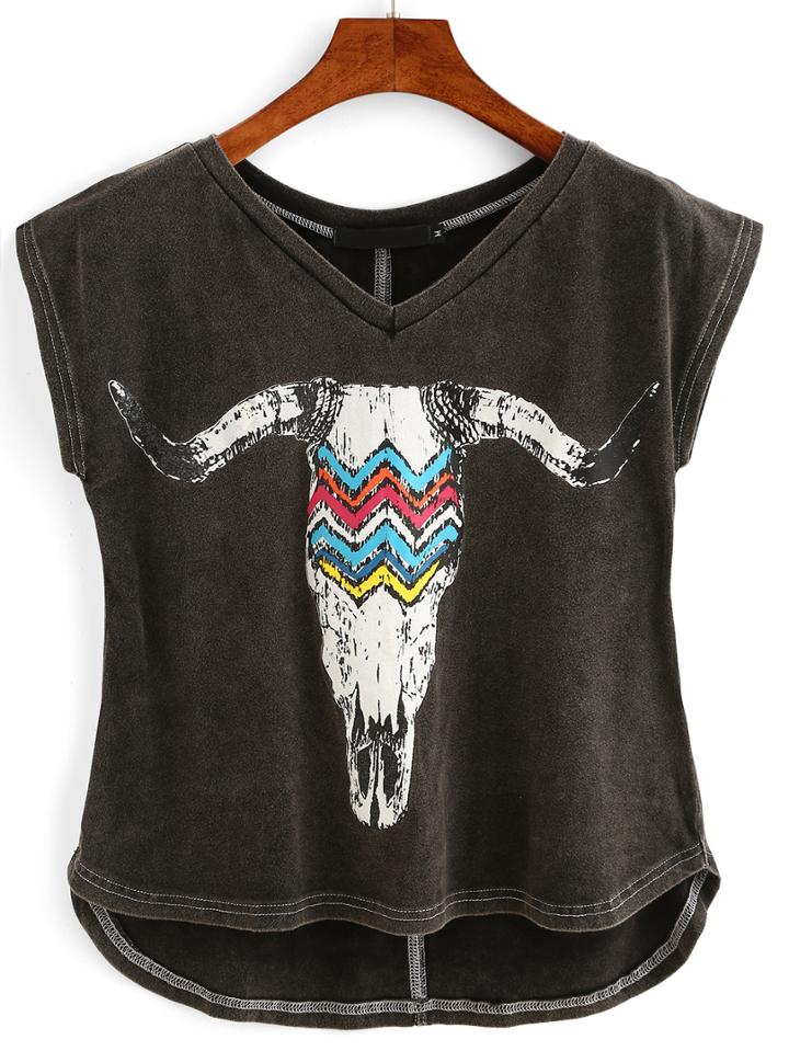 Romwe Goat Skull Print High-low T-shirt