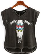 Romwe Goat Skull Print High-low T-shirt