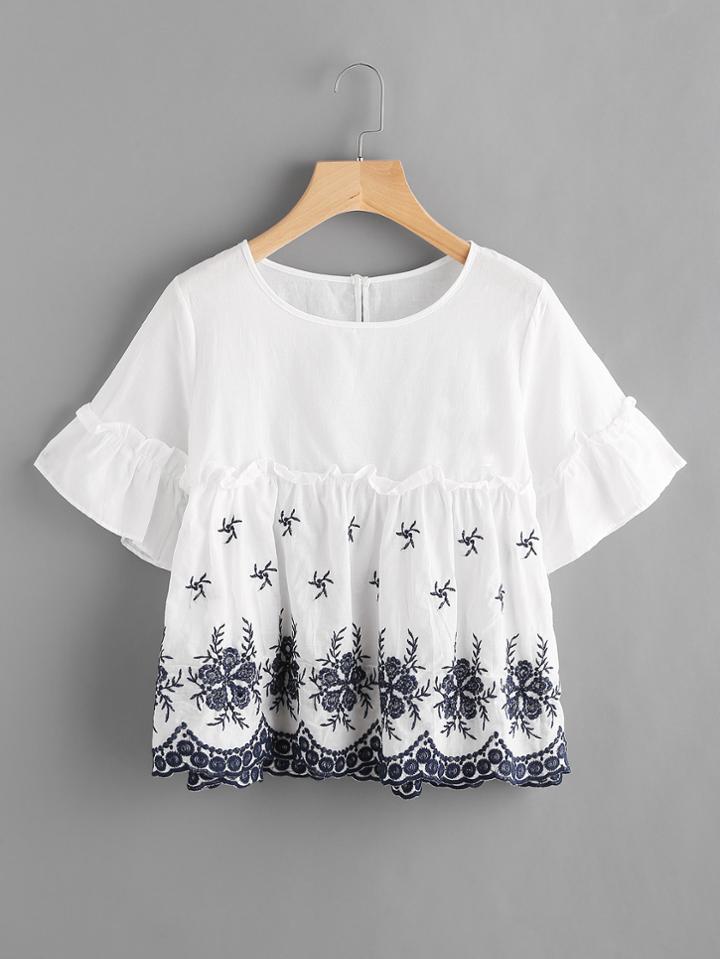 Romwe Frilled Trumpet Sleeve Embroidered Smock Top