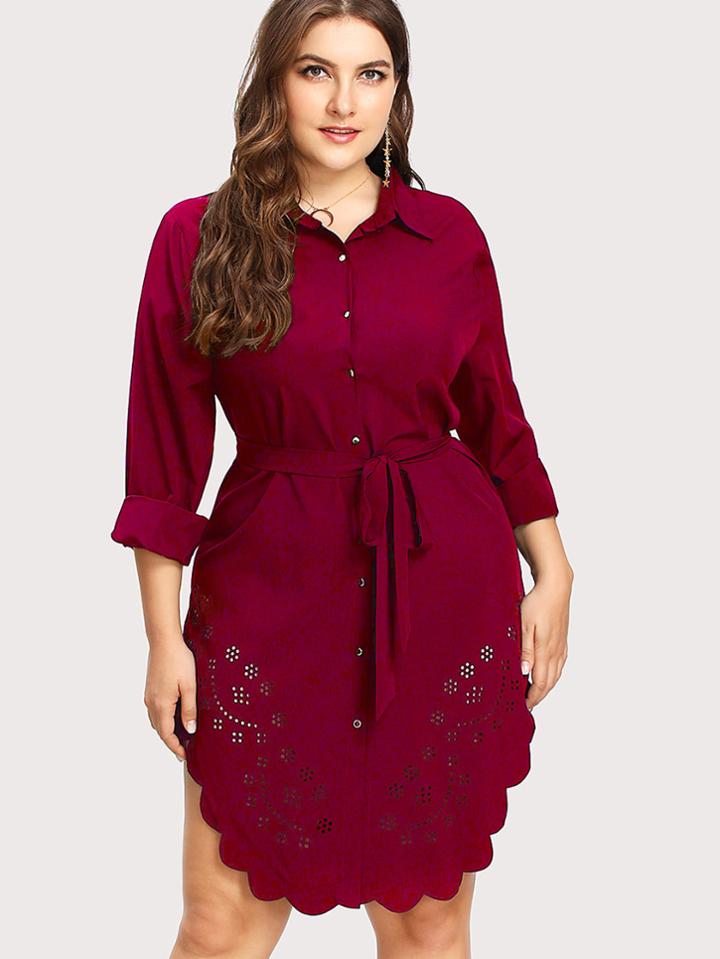 Romwe Laser Cut Out Scallop Hem Shirt Dress