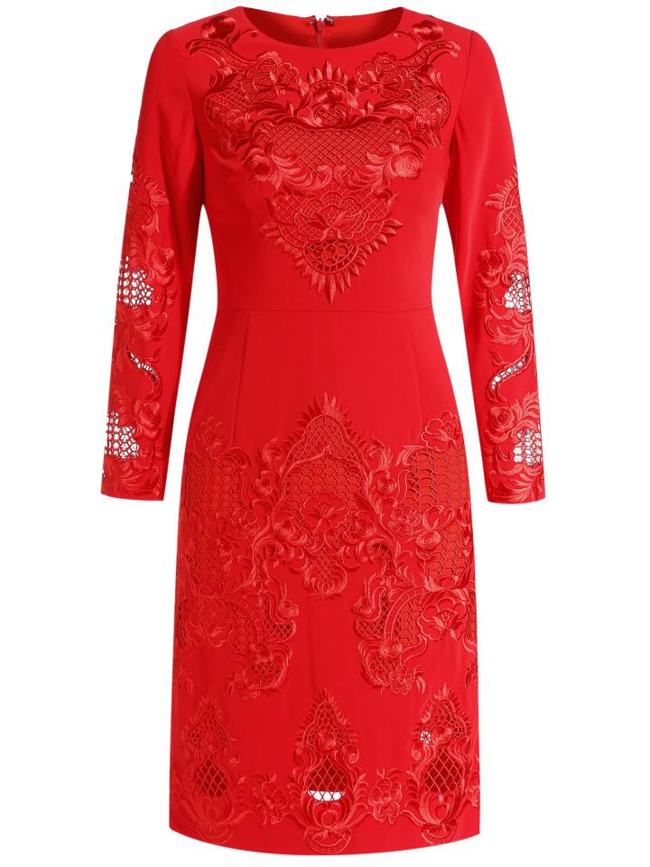 Romwe Red Round Neck Long Sleeve Embroidered Hollow Dress