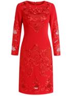 Romwe Red Round Neck Long Sleeve Embroidered Hollow Dress