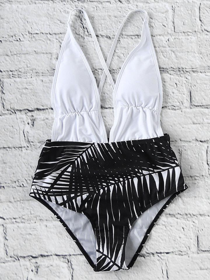 Romwe Two Tone Leaf Print Plunge Neck Monokini